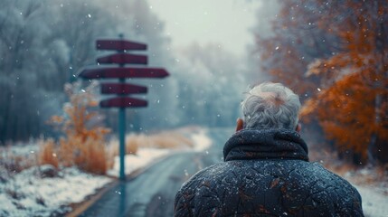 Elderly person staring at a road sign with multiple directions, symbolizing the decision-making difficulties faced by those with dementia - obrazy, fototapety, plakaty