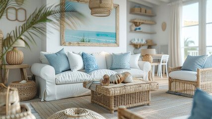 Interior of living room with white sofa and wicker baskets