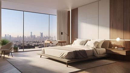 Modern Sophistication Meets Tranquillity: A Stylish Bedroom with Skyline View