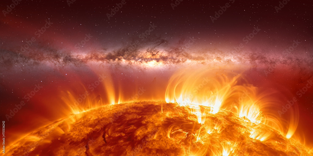 Poster our star with magnetic storms. plasma flash on the surface of a our star with milky way galaxy 