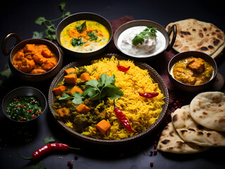 Assorted various Indian food on a dark rustic background Generative AI illustrator
