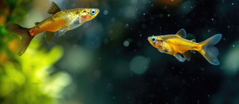 A couple of Sarpa Salpa goldfish swim together in an aquarium under natural lighting. The vibrant colors of the fish contrast beautifully with the clear water as they gracefully move through the