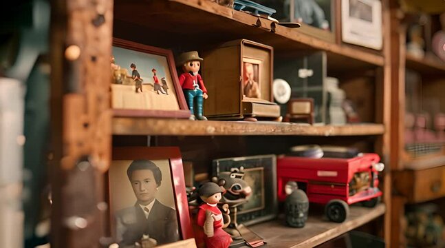 Vintage Toys and Collectibles on Wooden Shelves with AI generated.
