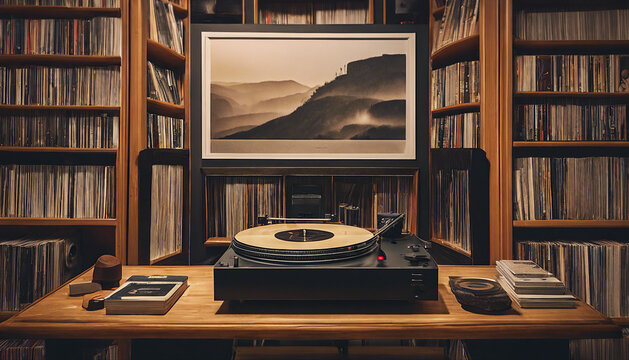 Vintage Vinyl Record Player in Cozy Room with Artistic Landscape Framing
