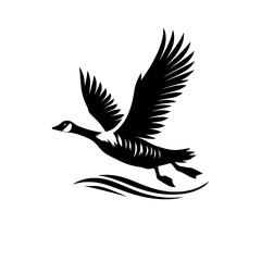 Black and white illustration of a goose. Professional vector logo of a flying duck.