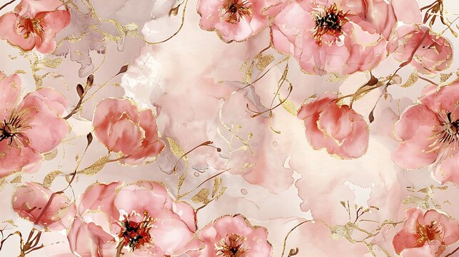 Spring floral in watercolor vector background. Luxury wallpaper design with pink flowers, line art, golden texture. Elegant gold blossom flowers illustration suitable for fabric, cover. Generative Ai