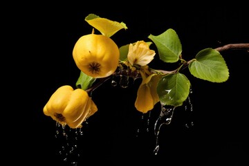 Quince Fruit dropping, highlighting its yellow exterior. black background.