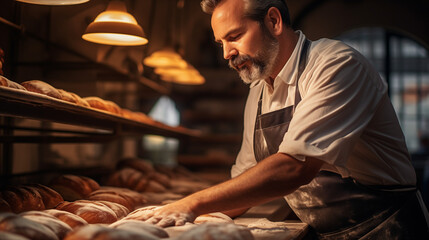 Obraz premium Contented Baker Inspecting Loaves in a Rustic Bakery. Generative Al