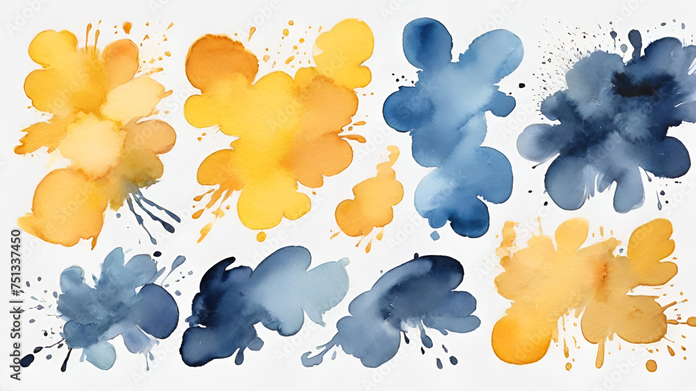 Wall mural Watercolor stain yellow and blue brush set white background