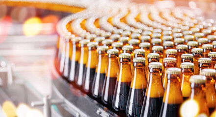 Craft Brown glass beer drink alcohol bottles, brewery conveyor, modern industrial food production...