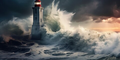 Storm with big waves over the lighthouse at theocean - obrazy, fototapety, plakaty