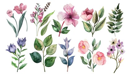 Summer floral bouquet watercolor vector elements design. Botanical watercolor vector collection of flower, leaves, and branches. Generative Ai