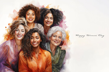 Cheerful diverse multigenerational family smiling on women's day greeting card in watercolor style