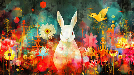 Colorful Interfaith Easter Celebration Digital Art with Bunny and Flowers