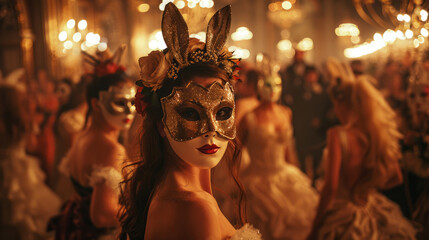 Elegant Easter ball at a castle with masked guests in festive attire