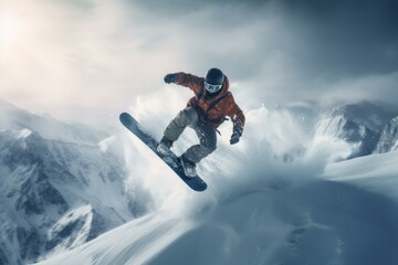 Naklejka na ściany i meble Snowboard man. Sky jump action. Generate Ai