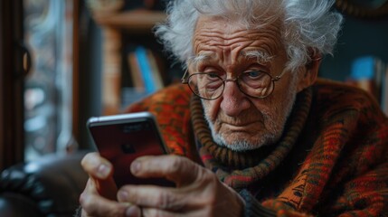 Elderly person with a puzzled expression trying to use a modern smartphone, representing the challenges of adapting to new technologies