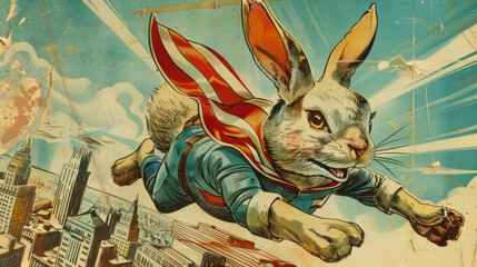 Vintage comic book cover with heroic Easter Bunny soaring over city - obrazy, fototapety, plakaty