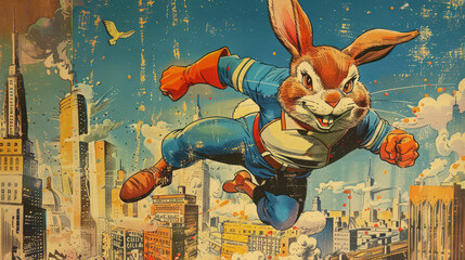 Vintage comic book cover with Easter Bunny superhero flying over city