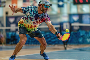 A man in a tie dye shirt and blue shorts is playing a game of pickleball