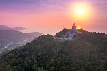 Fototapeta na wymiar Aerial photo statue big Buddha in Phuket on sunset sky. Concept travel Thailand landmark