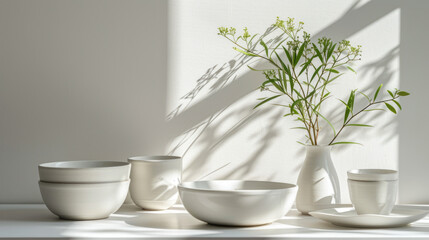Fototapeta na wymiar Ceramic tableware and a vase bask in natural sunlight, creating serene shadows on a white backdrop