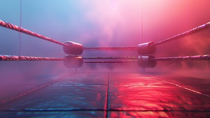 Illuminated boxing ring with dramatic red and blue lighting