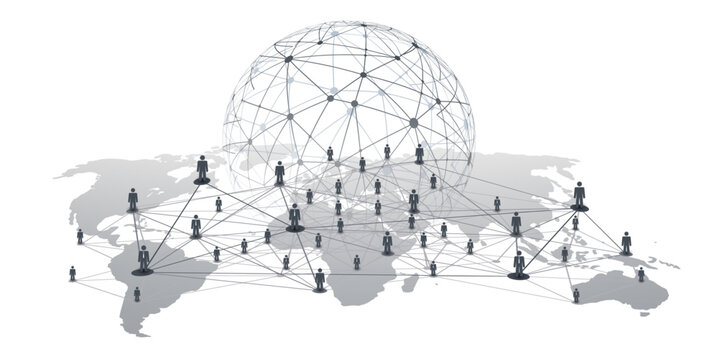 Black and White Networks, Business or Social Media Connections Concept Design with Grey World Map and 3D Polygonal Mesh on Isolated White Background - Businessman Figures Connected with Polygonal Mesh