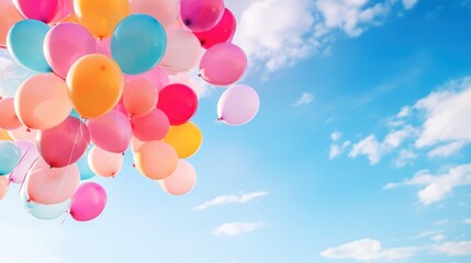 Fototapeta na wymiar Vibrant balloons rise elegantly amidst the azure backdrop.