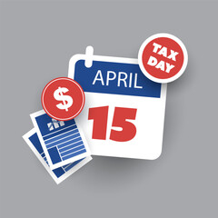 Tax Day Reminder Concept - Calendar Page, Vector Element Template with Dollar Sign and Charts Design - USA Tax Deadline, Due Date for IRS Federal Income Tax Returns:15th April, Year 2024