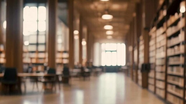 The blurred interior of an empty university library
