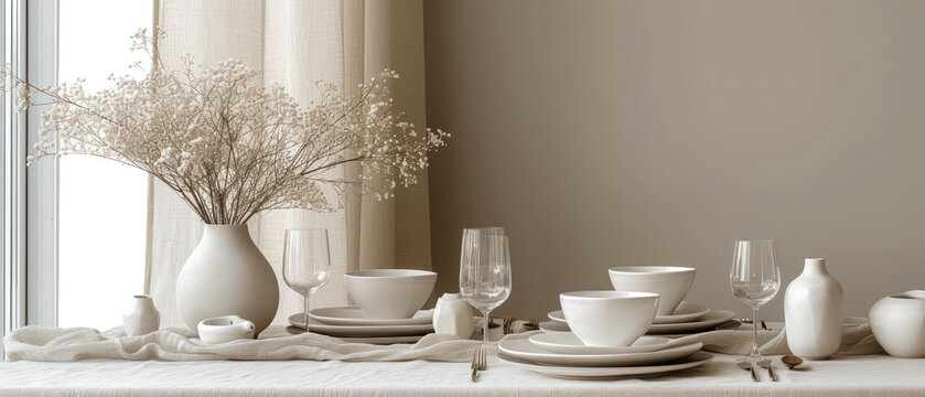 Inviting dining table set elegantly with glassware and linen, ready for a sophisticated dining experience
