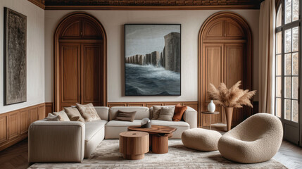 An opulent living room blends modern furnishings with classic architecture for a timeless elegance