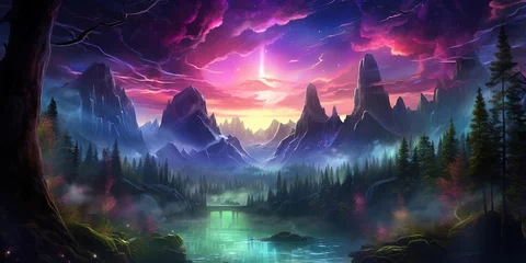 Poster de jardin Aurores boréales Digital art illustrating fantasy aurora lights streaming above a mystical forest landscape