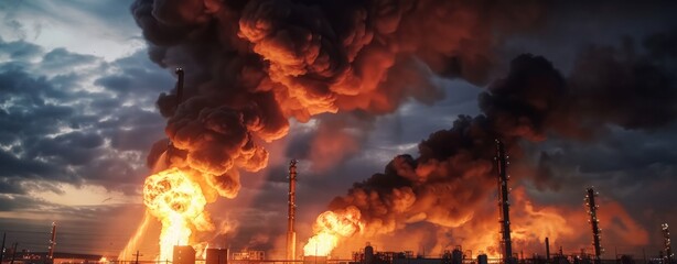 Inferno Unbound: Massive Fire Engulfs Industrial Oil Refinery, Spewing Black Smoke Plume
