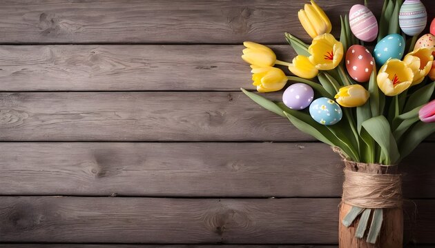 
  3d Easter banner with chocolate rabbits and beautiful painted eggs set on grass. Concept of Easter egg hunt or egg decorating art.
