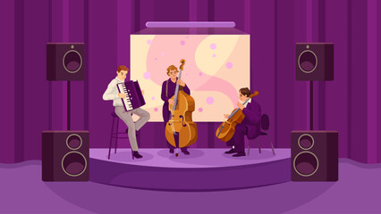 Three musicians playing instruments on stage in front of a large audience. Scene is lively and energetic, as the musicians are performing for a crowd. Vector illustration