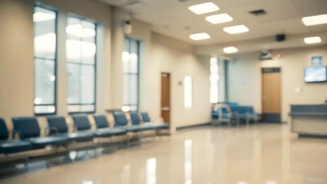 The blurred interior of an empty hospital waiting room.