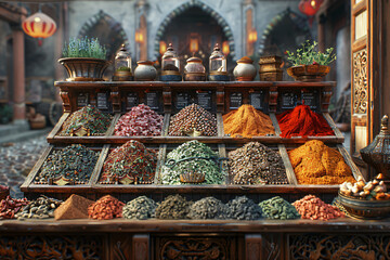 Assorted spices and herbs on traditional market stall. Design for culinary themes, cooking...