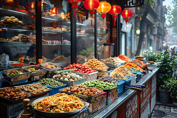 Street food display with diverse snacks and dim sum under red lanterns in an urban setting. Street...