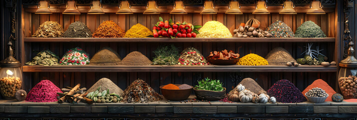 Variety of exotic spices and fresh herbs displayed on a market shelf. Culinary ingredients in a traditional eastern market. Panoramic view for design and print with ample copy space.