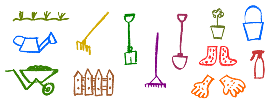 Garden Tools Crayon Drawing