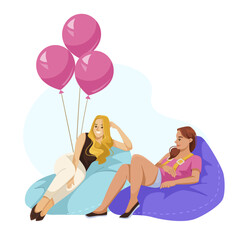 Two women are sitting on bean bags and one of them is holding a pink balloon. The scene is lighthearted and fun, with the pink balloons adding a playful touch to the image. Vector illustration