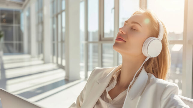 Bathed in sunlight, a woman enjoys a peaceful moment of relaxation with her headphones in a bright, modern setting