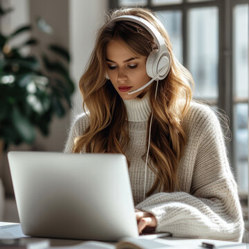 A focused young woman with headphones engrossed in work on her laptop, a picture of concentration and remote work efficiency