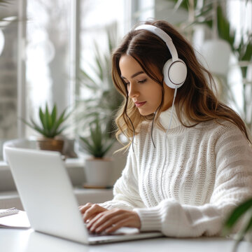 A focused young woman with headphones engrossed in work on her laptop, a picture of concentration and remote work efficiency