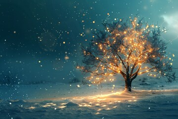 a tree with lights on it in the snow