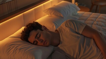 A man sleeps on a pillow. Sleeping on a gel foam mattress, he looked calm and slept well. 