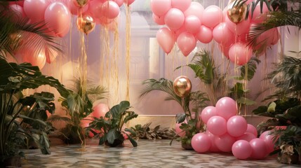Sophisticated event decor highlighted by the presence of pink and green balloons intertwined with vibrant greenery
