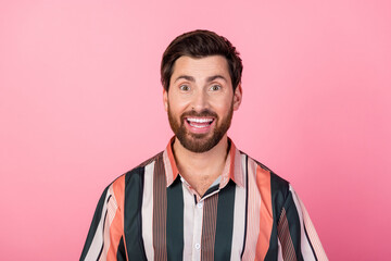 Photo of impressed satisfied young person toothy smile cant believe isolated on pink color background